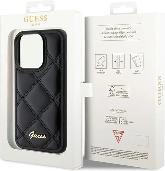 Mbështjellës Guess Quilted Metal Logo për iPhone 15 Pro, i zi Mbështjellës Guess Quilted Metal Logo për iPhone 15 Pro, i zi
