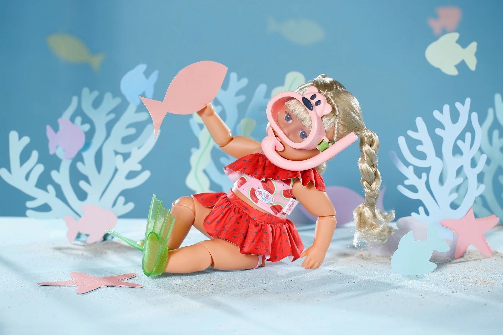 set zhytjeje për kukull, Baby Born, 836996-116724, përshtatje për kukulla 43 cm, me maskë snorkelingu dhe pala noti, rozë e kuqe