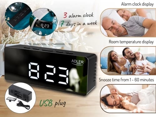 Orë alarmi, Adler, AD 1189, LED me temperaturë dhome, 3 mënyra alarmi, USB + 3xAAA, e zezë