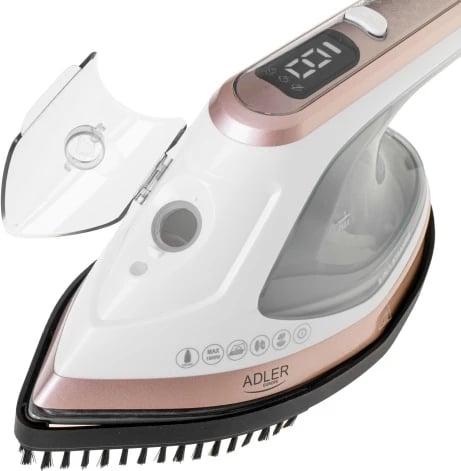 Hekur me avull 2 në 1, Adler AD 5044, 1800W, 180 ml, ngrohje 20 s, pllakë qeramike, LED, përdorim horizontal/vertikal, e bardhë/ari