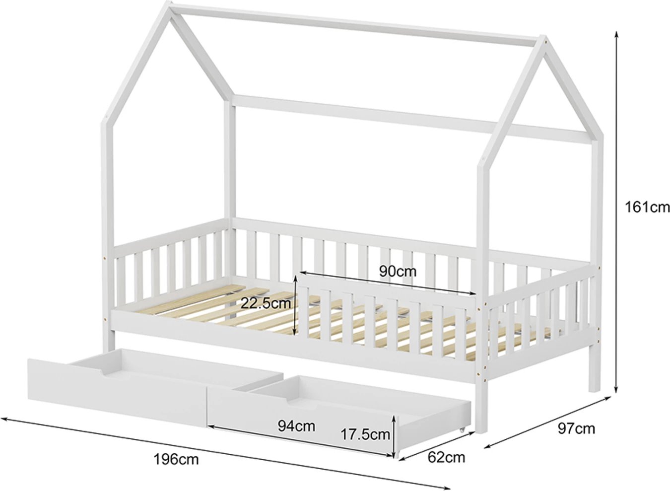 Krevat për fëmijë me sirtarë, stil Montessori, dru i bardhë, PHYLLIS FH724.03, 196x97x161cm
