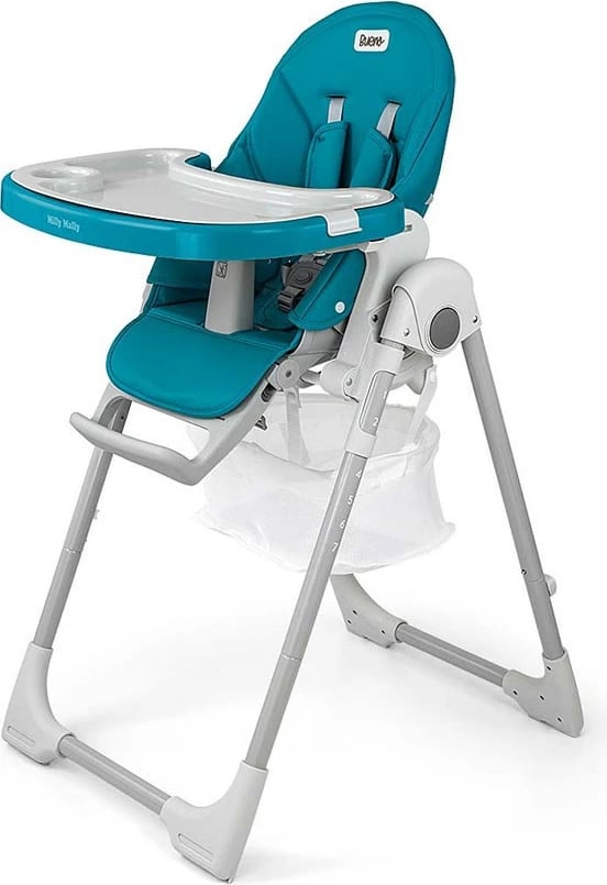 Karrige e lartë bebe, Milly Mally, Bueno, 6–36 muaj, rregullim lartësie 7 nivele, shpinore 5 pozicione, rripa 5‑pikësh, palosje kompakte, deri 15 kg, blu