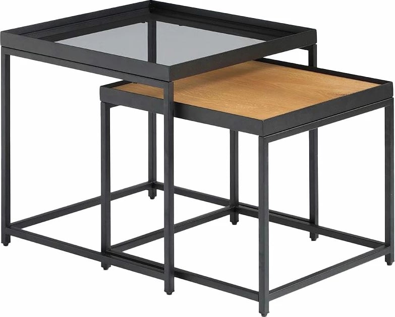 Set tavolinash anësore Harmonica, natyrale, xham i tymosur, e zezë, 2 copë, 50x50x49