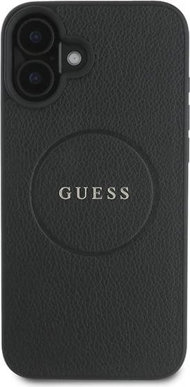 Mbështjellës Guess Grained Gold Ring MagSafe për iPhone 16 Plus, i zi