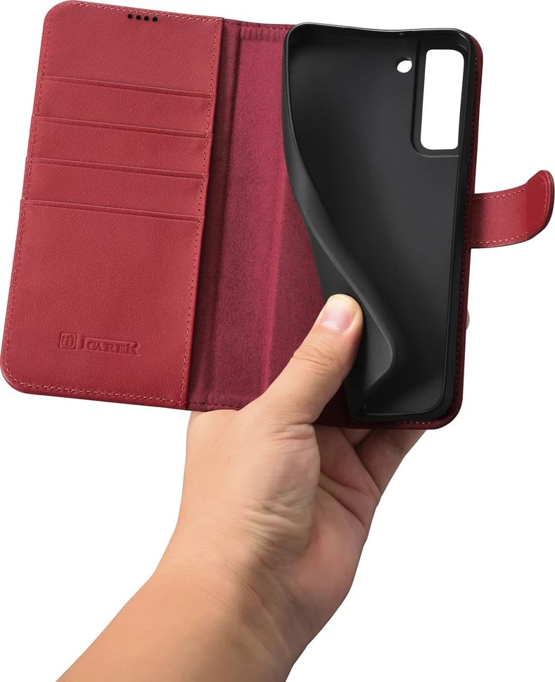 Mbështjellës lëkure iCarer Haitang për Samsung Galaxy S22+, me portofol dhe qëndrim, Kuq