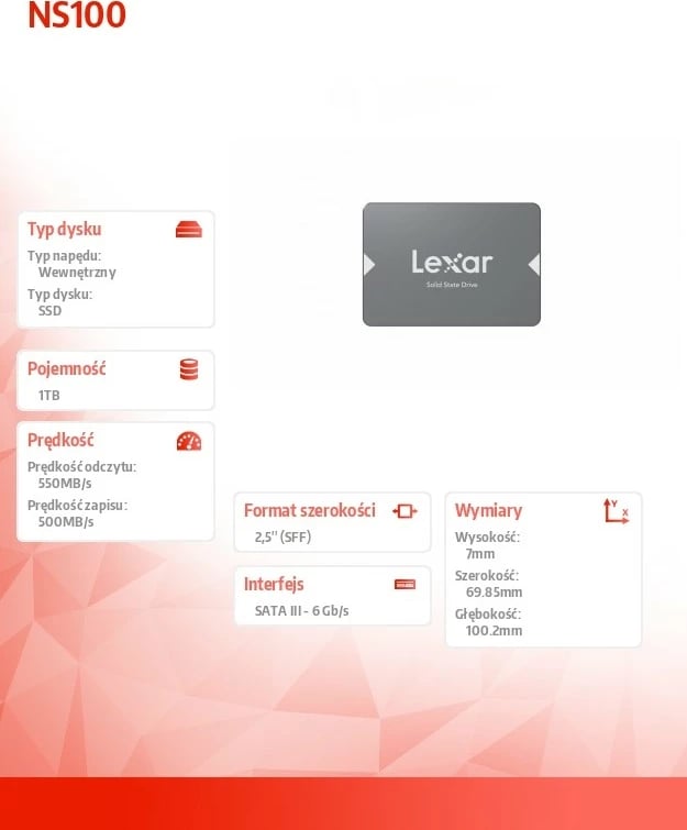 SSD Disk Lexar NS100 1TB, 2.5", SATA3, 550/500MB/s