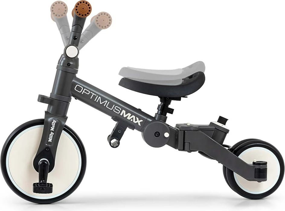 Tricikletë/biçikletë ekuilibri 5‑në‑1, Milly Mally, Optimus Max, dorezë prindi me 4 nivele, rrota shkumë, sedilje e rregullueshme, palosshme, gri e errët
