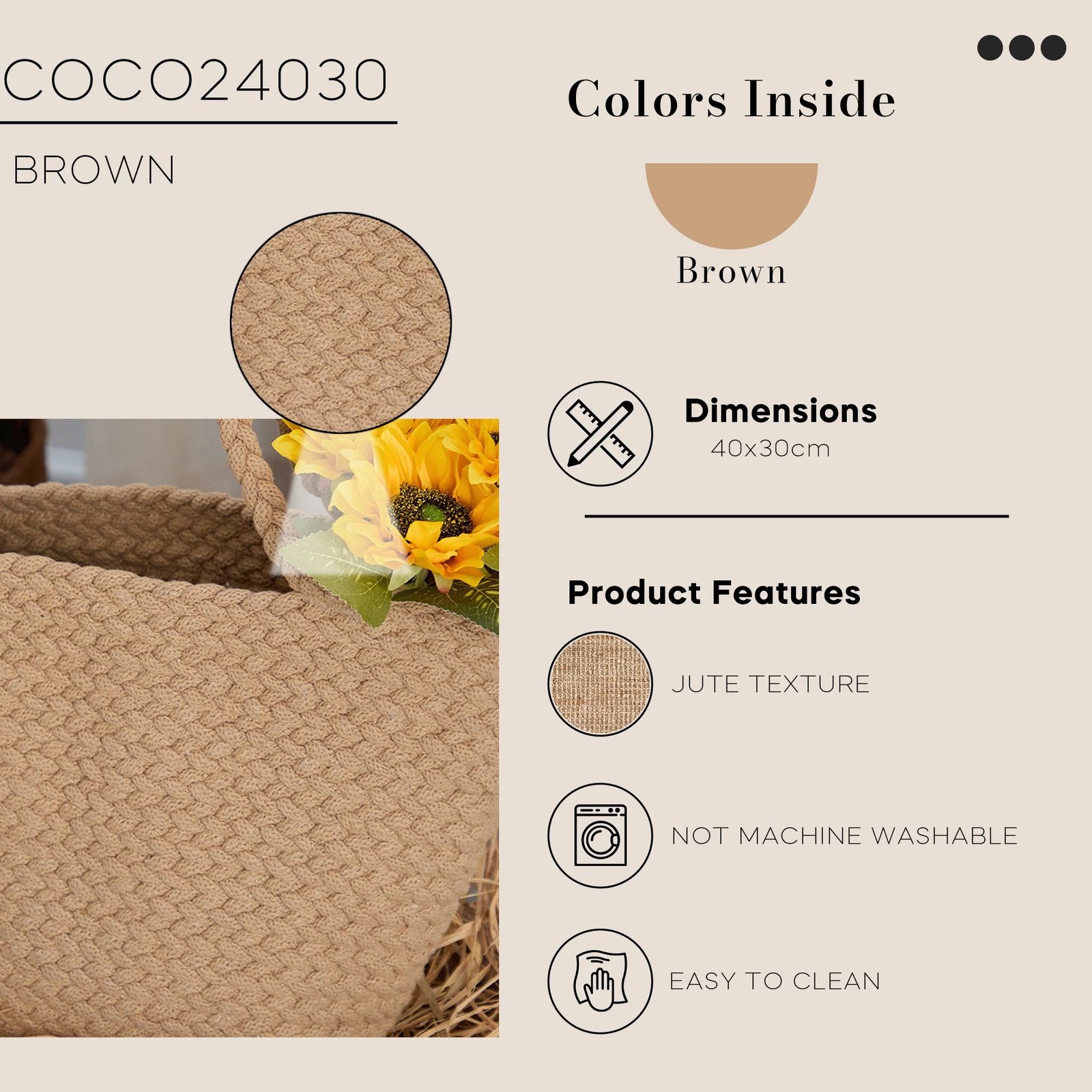 Çantë tote prej pambuku jute, ngjyrë kafe, Coco24030
