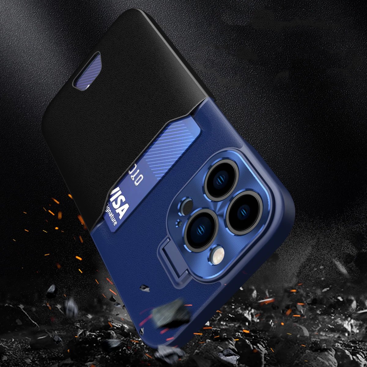 Mbështjellës Hurtel Leather Stand Case për iPhone 14 Pro, me xhep për kartela, me mbajtëse, Blu