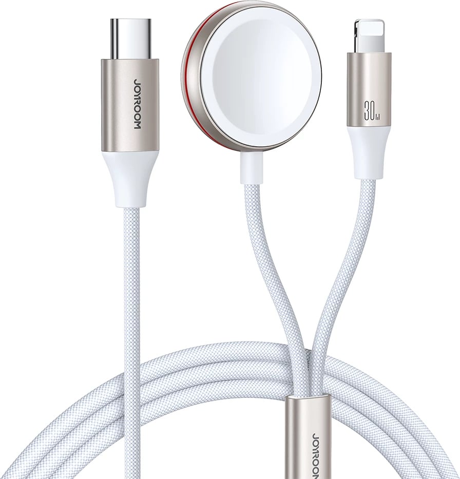 Kabllo dhe karikues induktiv 2-në-1 Joyroom S-IW012, Lightning + për Apple Watch, 1.5m, Bardhë