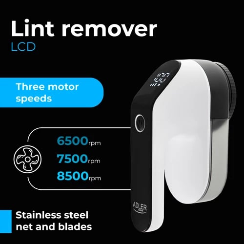Heqës pushash Adler AD 9618, LCD, 3 shpejtësi, bateri 2000mAh, kokë 6.5 cm, USB-C, bardhë-e zezë