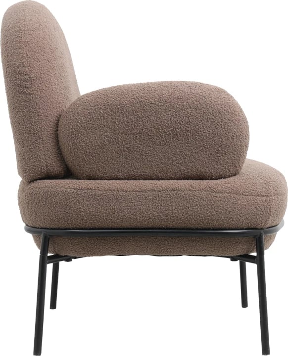 Fotelje Jaycob, stof boucle ngjyrë kafe, këmbë metalike të zeza, 74x71x83cm