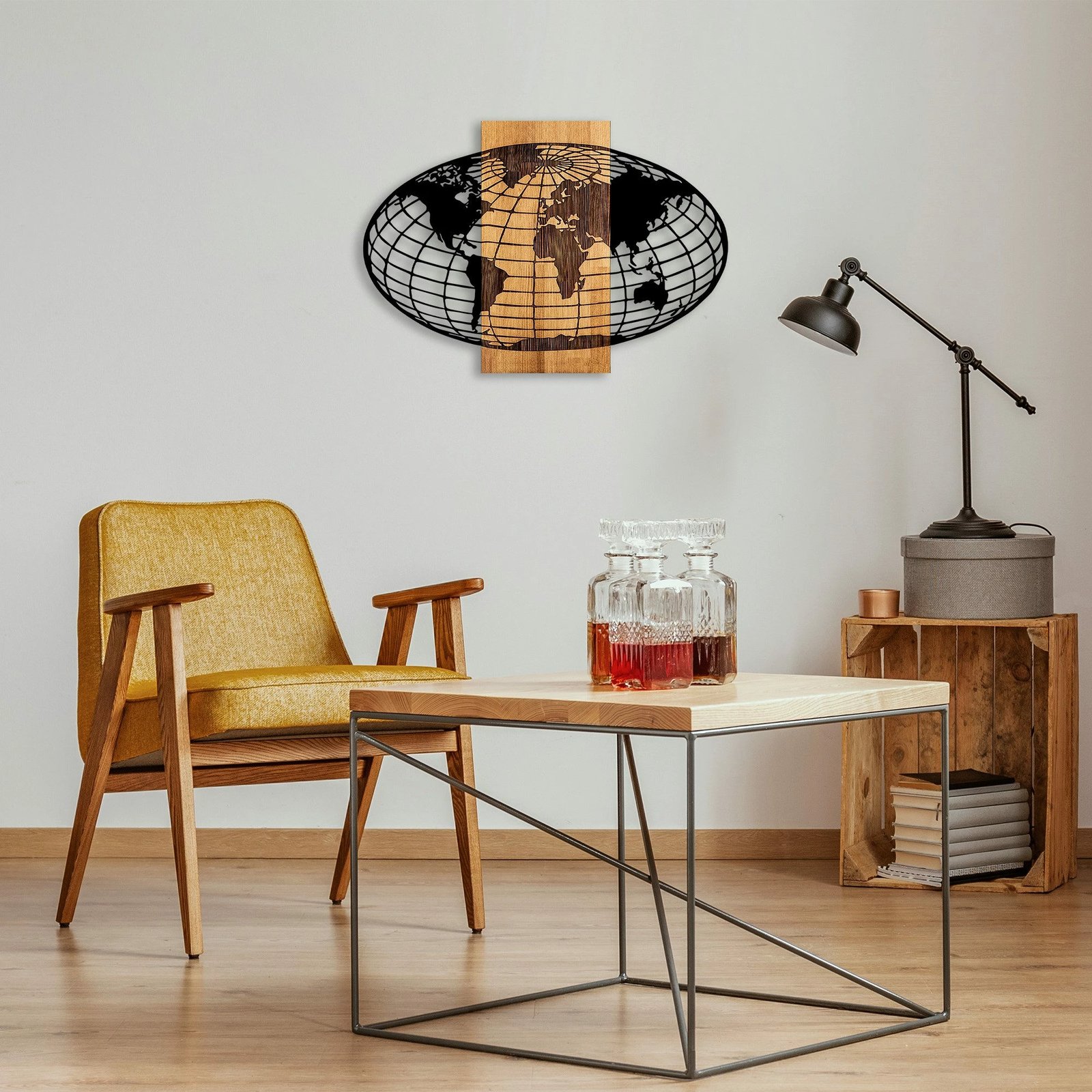 Aksesor dekorativ për mur, hartë bote, dru dhe metal, Wallity - 332