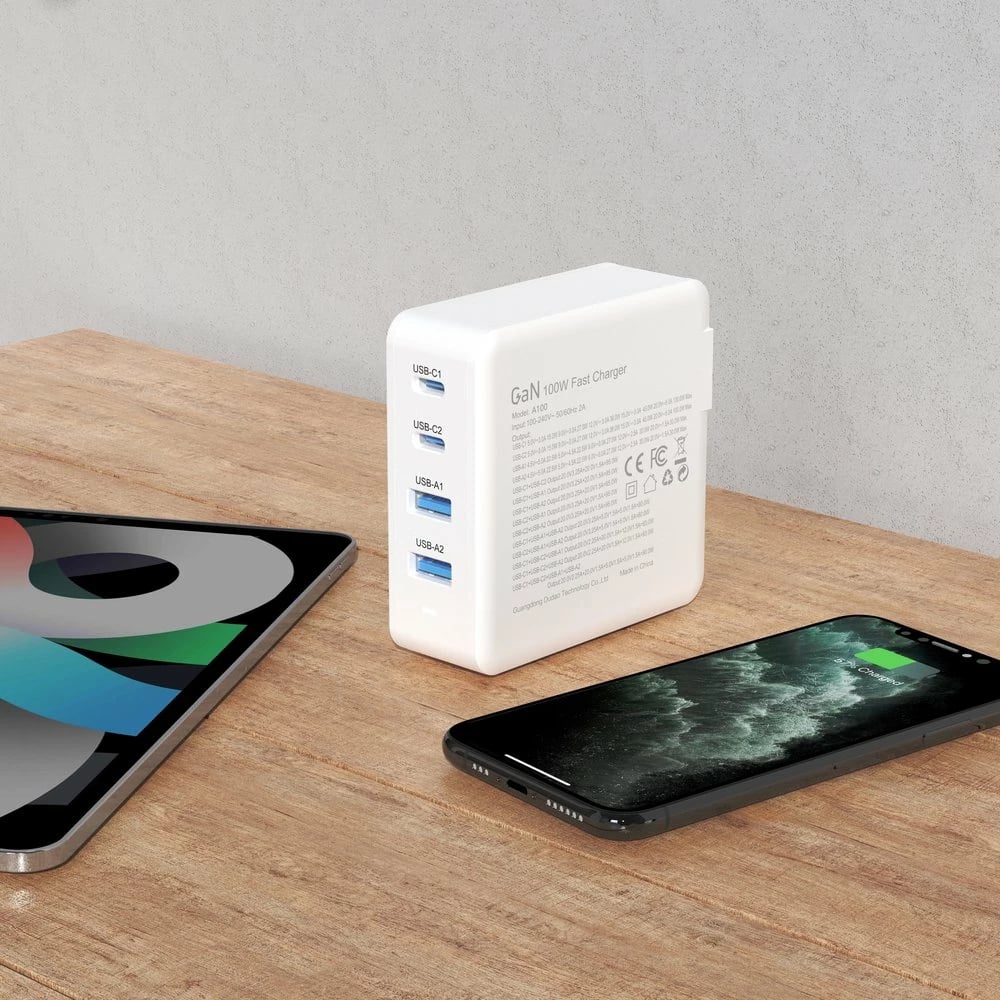 Karikues muri Dudao A100EU GaN, 100W, 2x USB-C, 2x USB-A, Bardhë