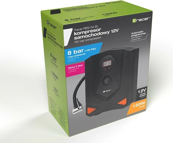 Kompresor ajri, Tracer, RES-04 EL, 12V 120W 8 bar 15 l/min, ekran digjital auto-stop LED, me 3 grykë, zi