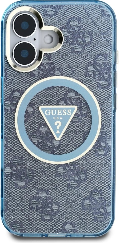 Mbështjellës Guess IML Metal Glitter 4G Circle Triangle MagSafe për iPhone 16, Kaltër