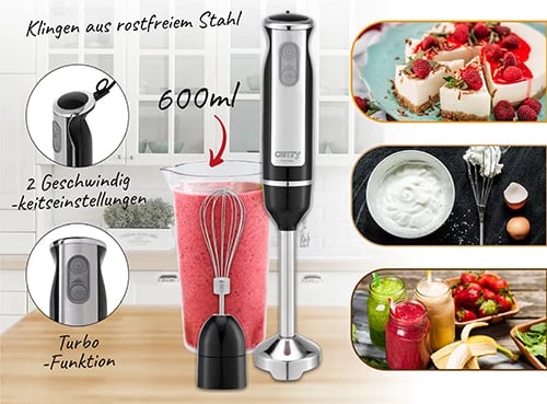 Blender dore, Adler CR 4621, 600W (1000W max), 2 shpejtësi me TURBO, gotë 600ml, shtojcë çelik inox dhe rrahëse, mini set 2‑në‑1, e zezë Blender dore, Adler CR 4621, 600W (1000W max), 2 shpejtësi me TURBO, gotë 600ml, shtojcë çelik inox dhe rrahëse, mini set 2‑në‑1, e zezë