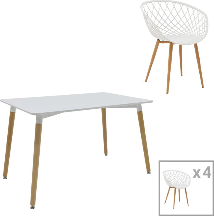 Tavolinë me karrige Ezra-Natali, set prej 5 copë, ngjyrë e bardhë-natyrale, 120x80x76cm