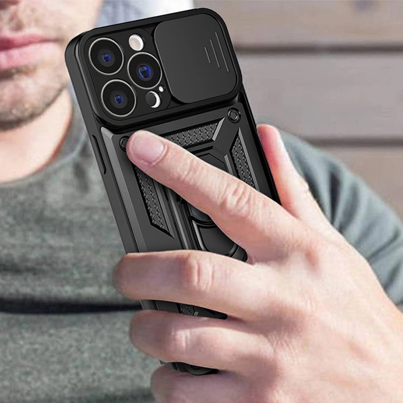 Mbështjellës Hurtel Hybrid Armor Camshield për iPhone 14 Pro Max, me kapak kamere, me unazë, Blu