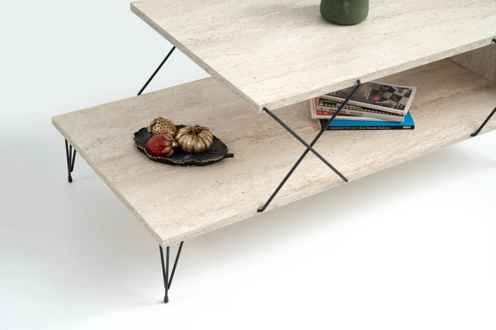 Tavolinë e ulët Hanah Home, Loire, ngjyrë e zezë dhe travertin