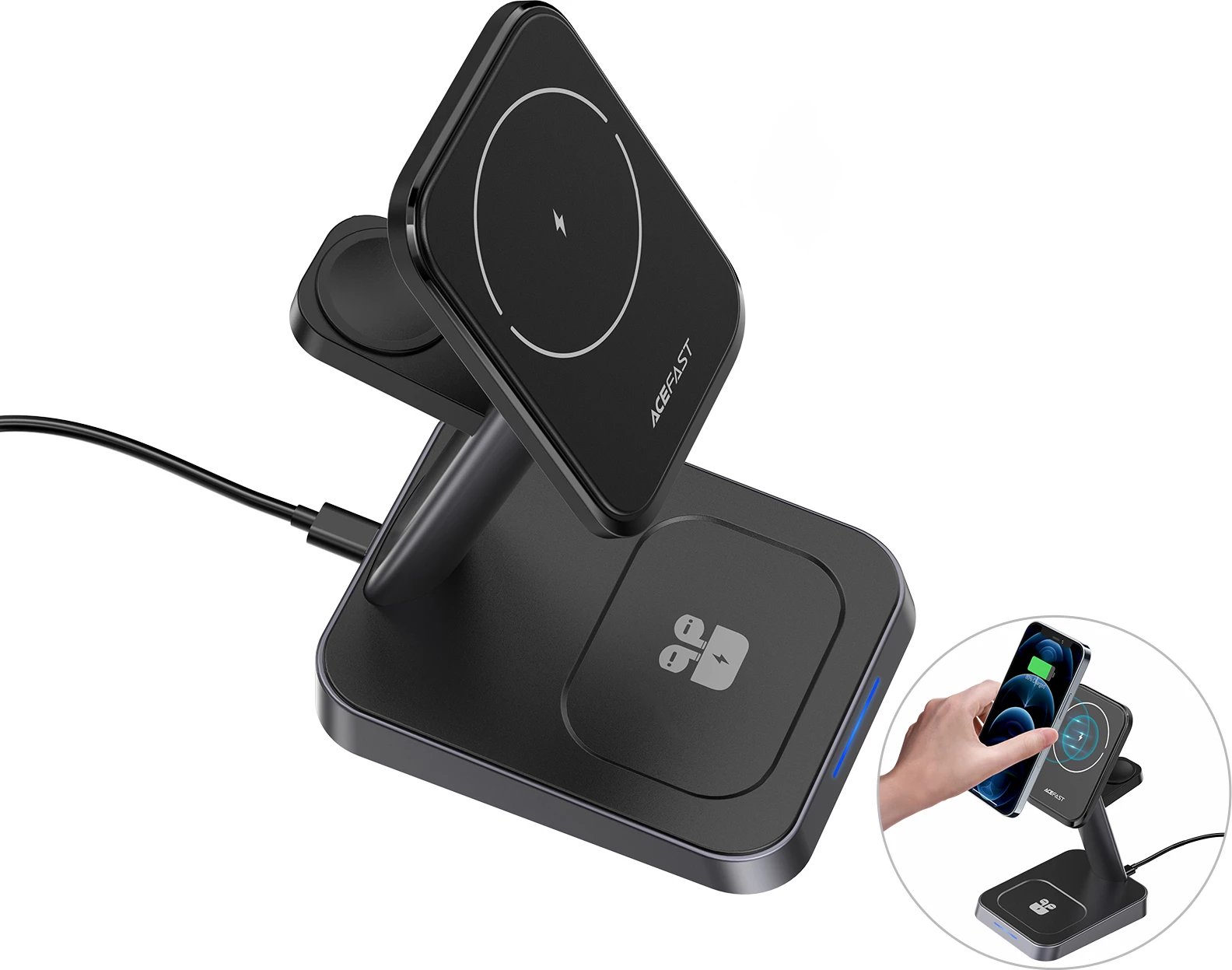 Karikues wireless Acefast E3, 15W, për iPhone me MagSafe, Apple Watch dhe AirPods, i zi
