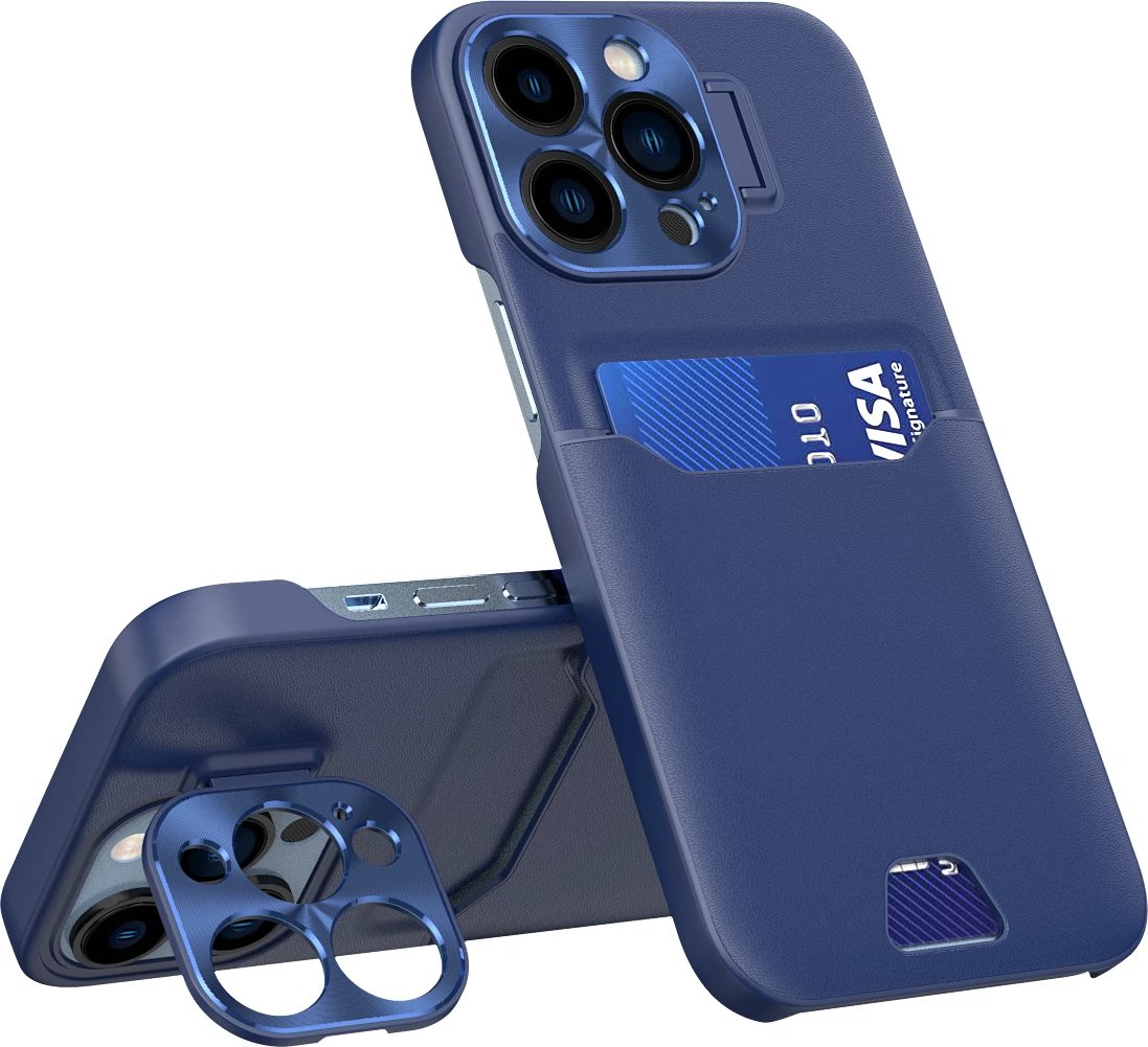 Mbështjellës Hurtel Leather Stand Case për iPhone 14 Pro, me xhep për kartela, me mbajtëse, Blu