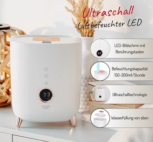 Lagështues ajri ultrasonik, Adler, AD 7972, 4L, 35 m2, LED display me butona prekje, aromaterapi, timer, i bardhë