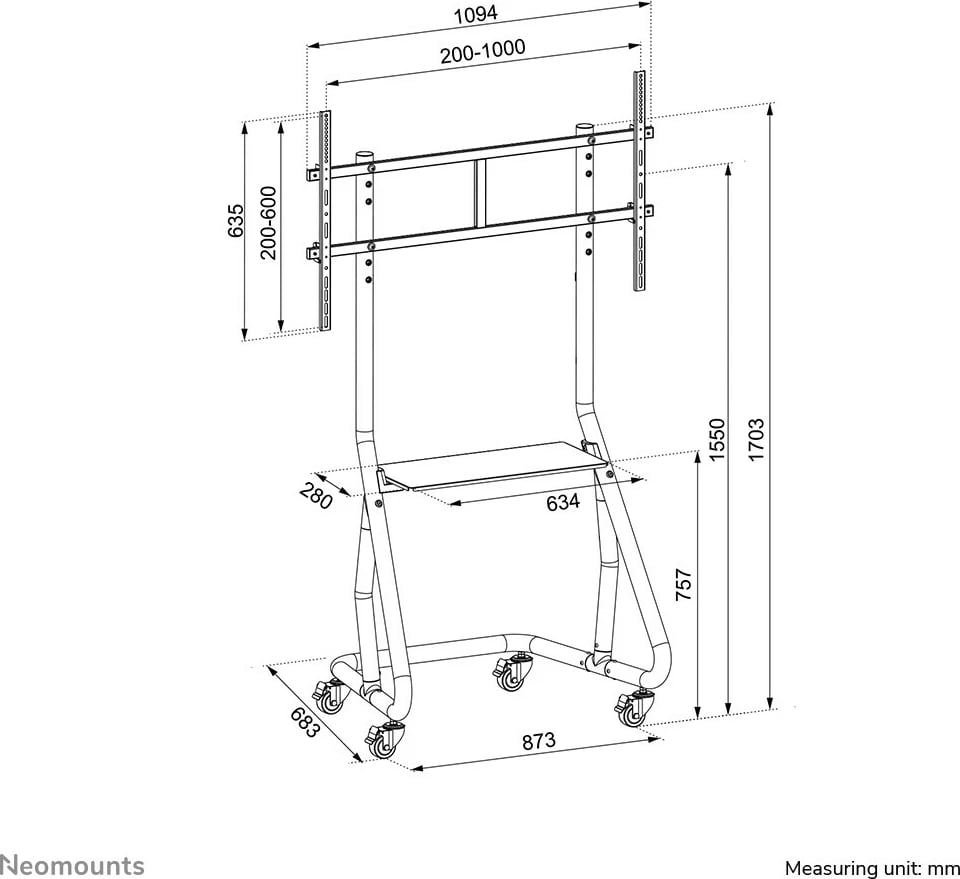 Karrocë TV Neomounts NS-M3800BLACK, për ekrane 60-100 inç, rregullim lartësie, ngjyrë e zezë