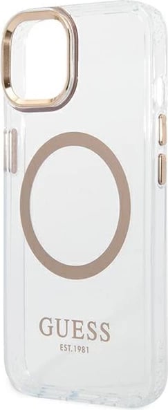 Mbështjellës Guess GUHMP14SHTRMD për iPhone 14 6.1", Metal Outline Magsafe, Transparent/Gold
