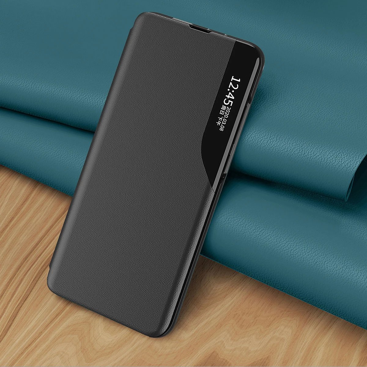 Mbështjellës Hurtel Eco Leather View Case për Samsung Galaxy A14, me kapak dhe qëndrim, i zi