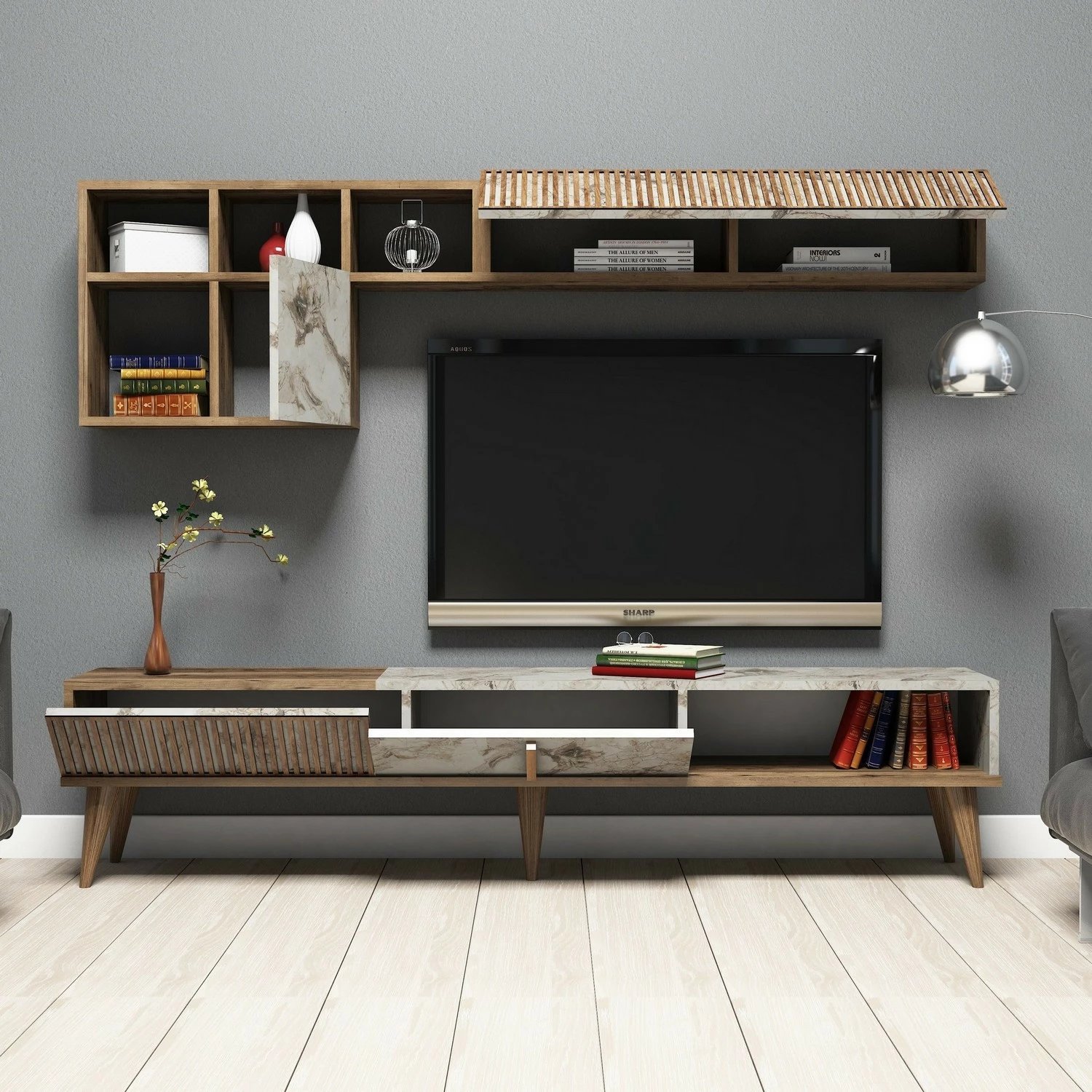 Komodë TV Skye Decor, Milan, ngjyrë arre, mermer i bardhë