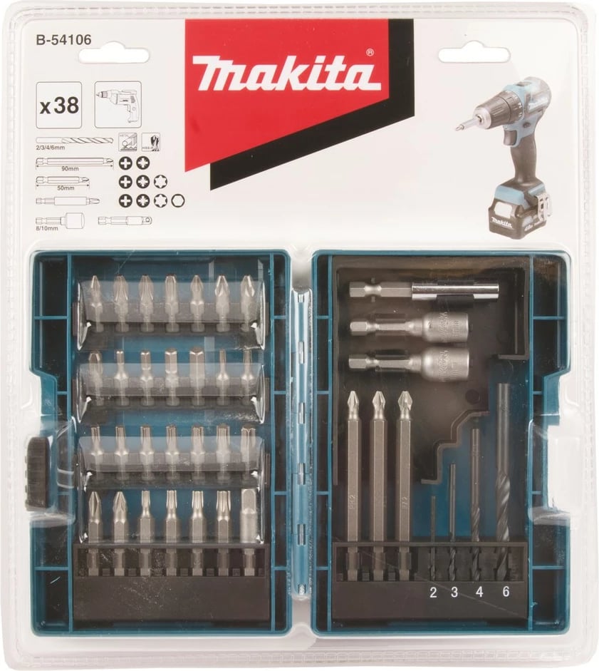 Set bitash Makita 38 copë, me adapter, mbajtës bitash, ngjyrë kaltër