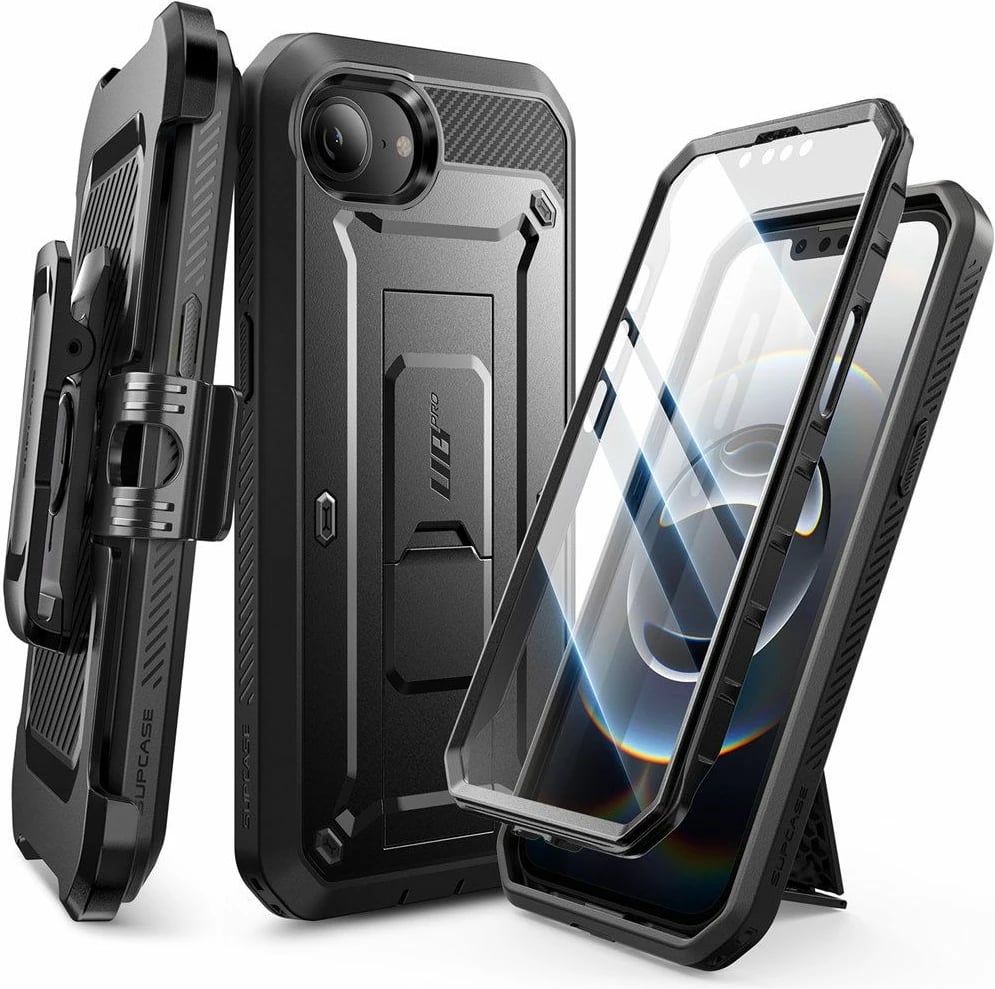 Mbështjellës Supcase Unicorn Beetle Pro për iPhone 16e, i zi, me klip rripi