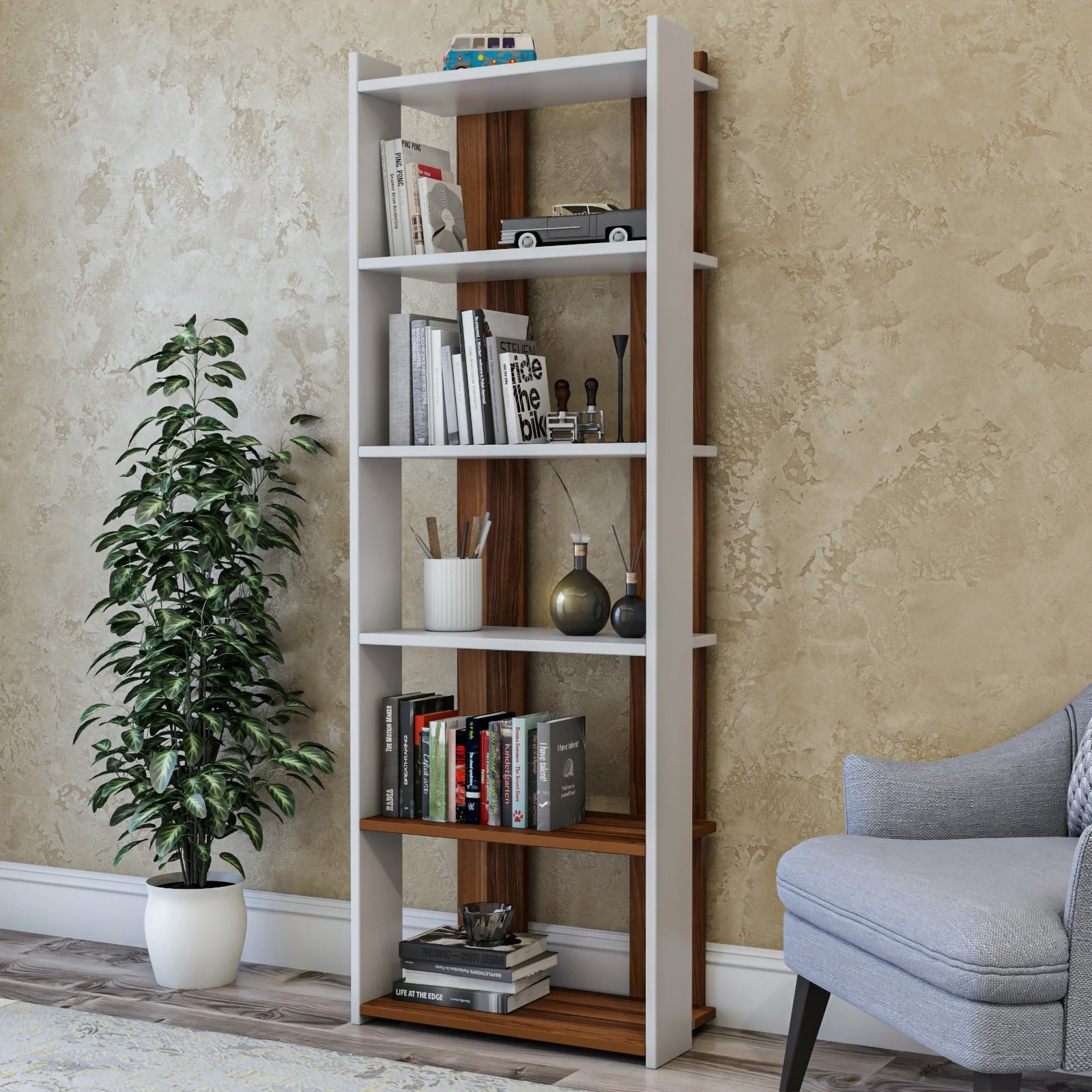 Raft librash Hanah Home, ngjyrë e bardhë dhe arre, Sakran