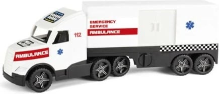 Kamion lodër ambulancë me rimorkio, Wader, Magic Truck Action 36211, gjatësi 81 cm, plastike, e bardhë e kuqe e zezë