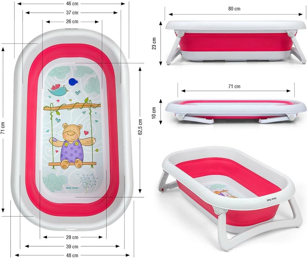 Vaskë bebe palosëse, Milly Mally Aqua, me kullues dhe tapë termosensitive, 80x48x23 cm, rozë