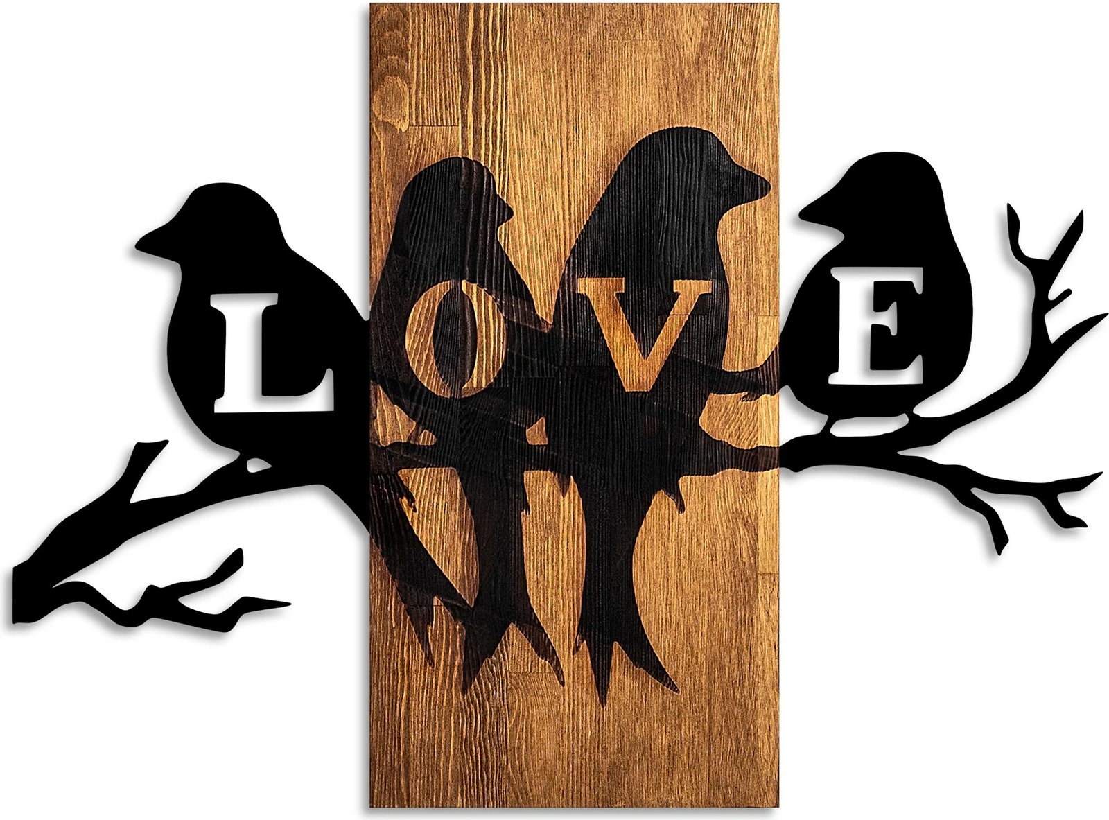 Aksesor dekorativ muri prej druri, zogj dashurie, ngjyrë arre dhe e zezë, 57x75cm