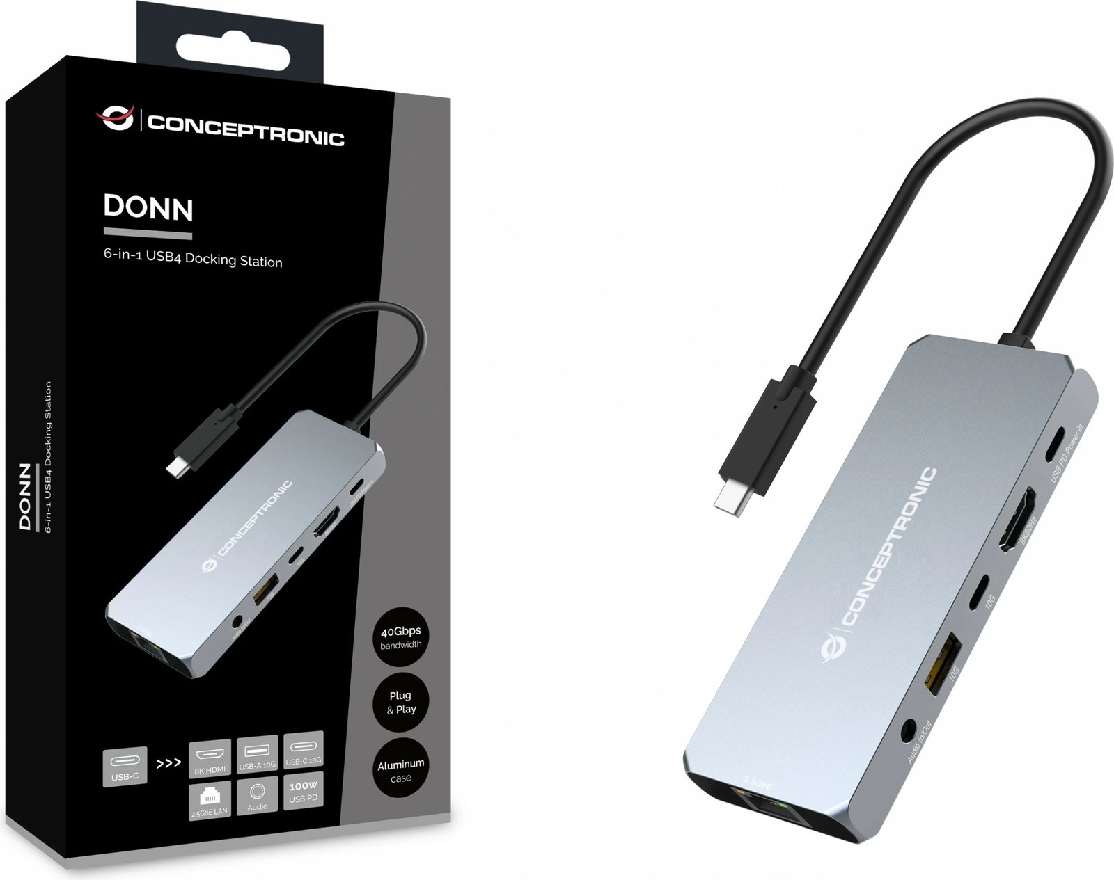 Dock Conceptronic 6-në-1 USB-C në HDMI/USB-A/GbE/AUX, 18cm, gri