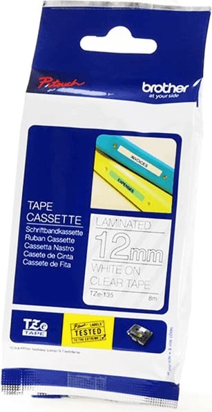 Kasetë etiketuese Brother TZe-135 12mm 8m e laminuar, e bardhë mbi transparente
