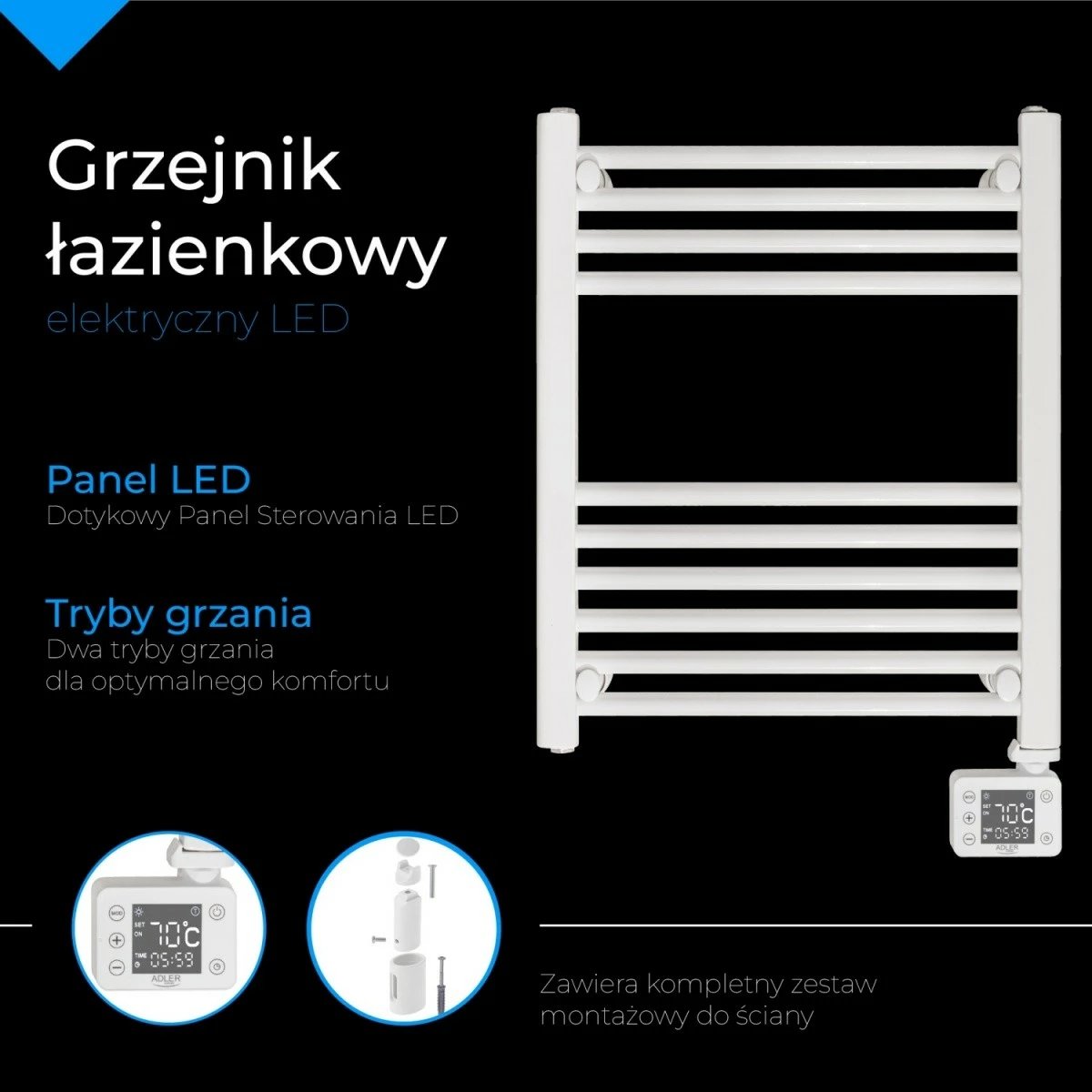 Ngrohës banjo elektrik, Adler AD 7823, 400 W, panel me prekje LED, timer 24h, IP24, i bardhë