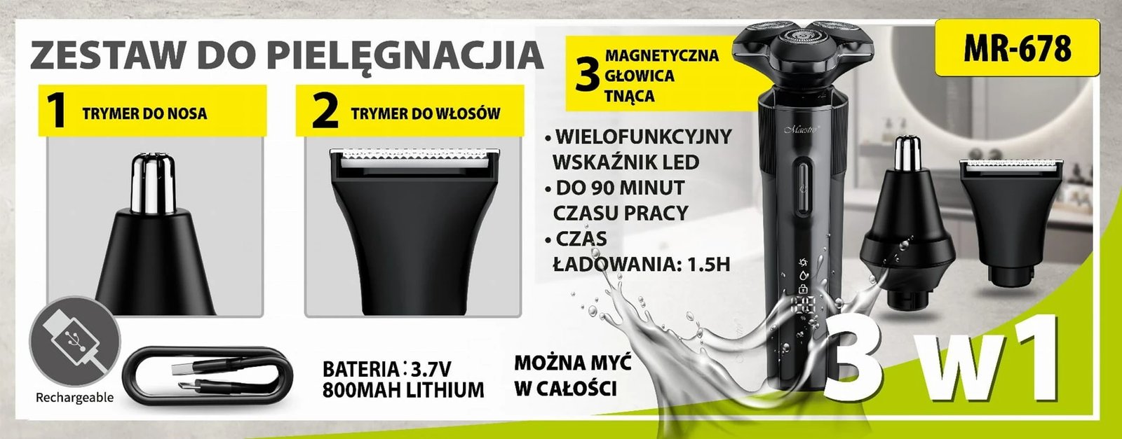 Makinë rroje Maestro MR-678 3-në-1, 800 mAh, USB Type-C, E zezë