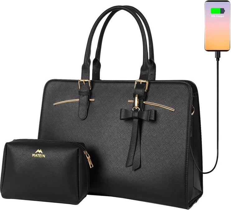 Çantë laptopi Matein 1310 me çantë kozmetike, 15.6 inç, USB, e zezë set