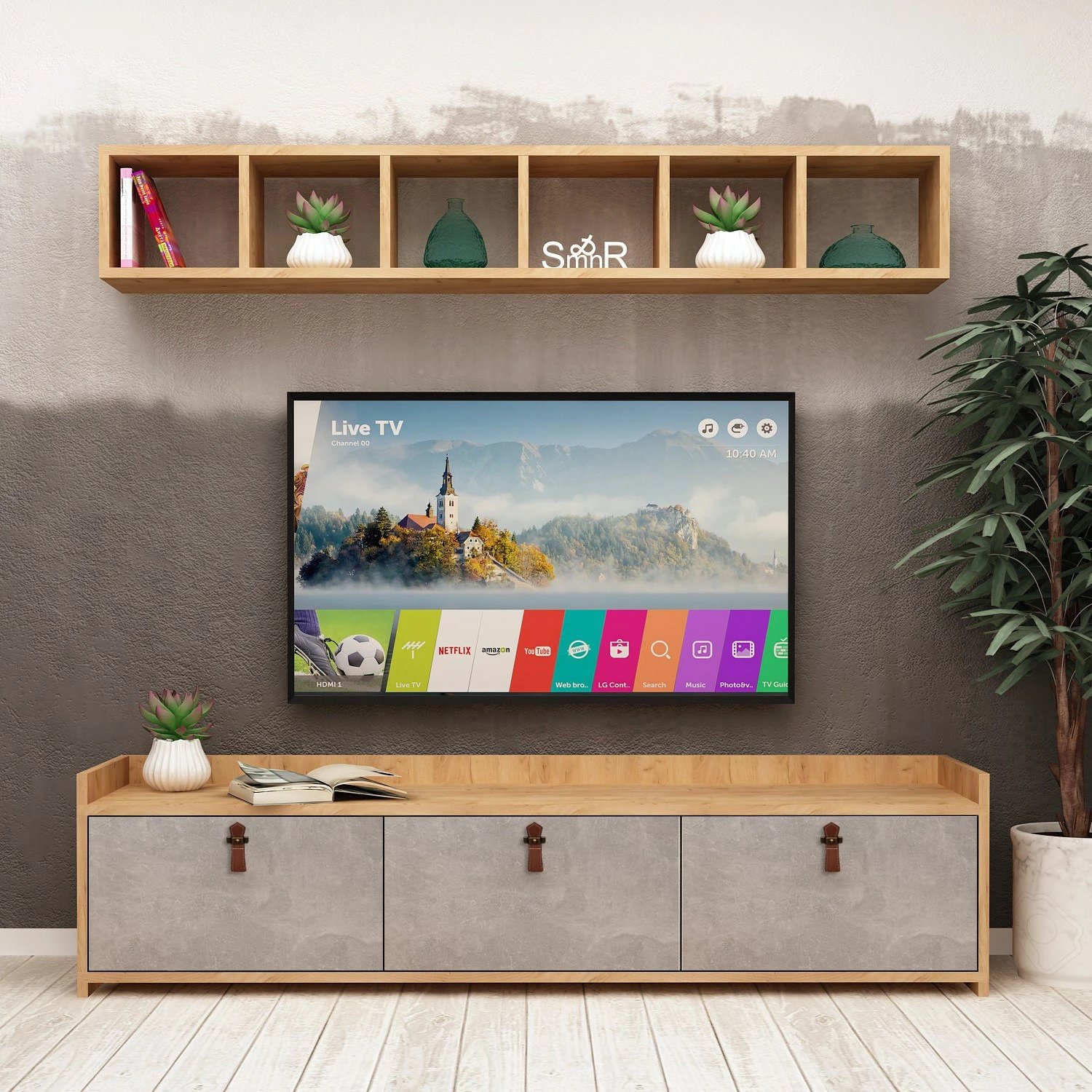 Komodë TV Hanah Home, Sleppa, ngjyrë lis dhe e bardhë