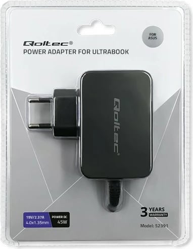 Karikues laptopi Qoltec 52391 për Asus, 45W, 19V, 2.37A, 4.0x1.35 mm, i zi
