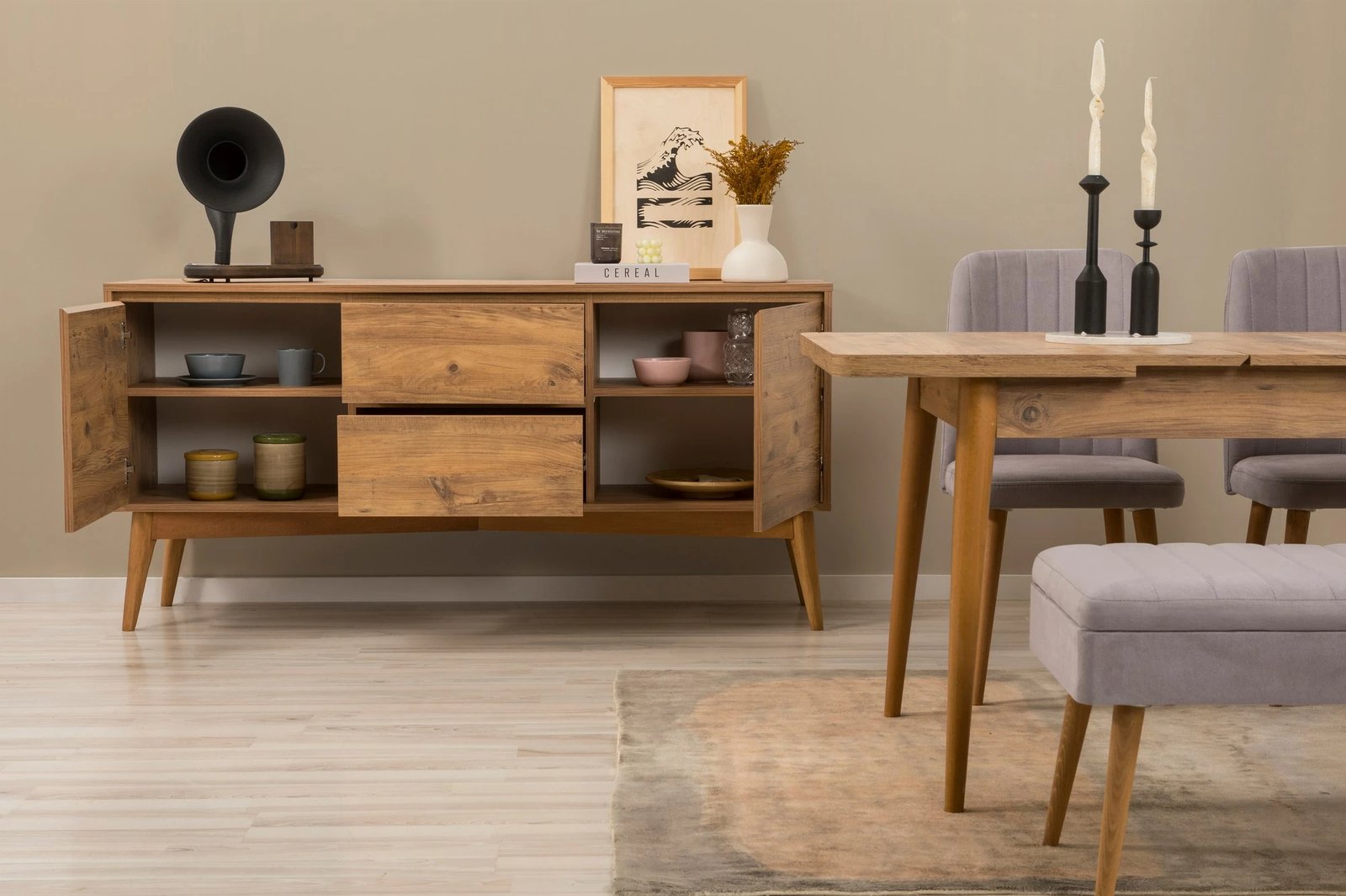 Set tavoline me karrige, konsolë dhe stol, ngjyrë Atlantic Pine, gri, 6 pjesë, Skye Decor, Vina Bench 04 0701