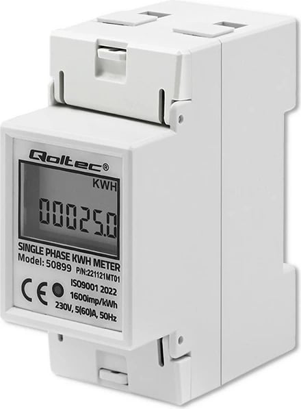 Matës energjie njëfazor Qoltec 50899, LCD, për montim në shinë DIN, Gri