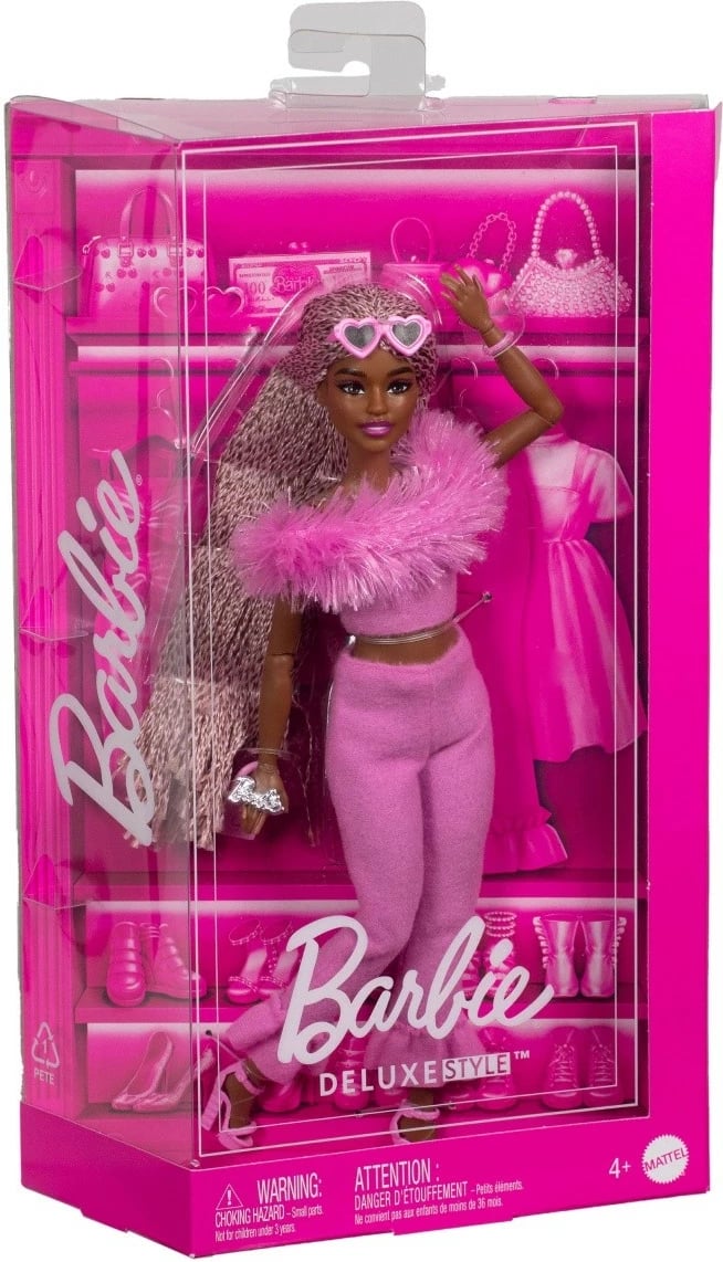 Kukull Barbie Mattel Deluxe Style HYV28 me gërsheta, set 4 pjesësh, Rozë