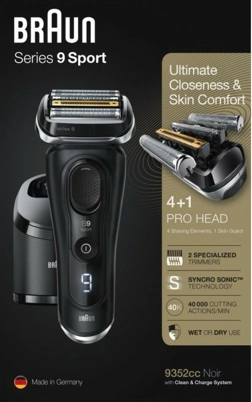 Makinë rroje Braun Series 9 9352cc Sport, 4 koka, Li-Ion, e zezë/gri Makinë rroje Braun Series 9 9352cc Sport, 4 koka, Li-Ion, e zezë/gri