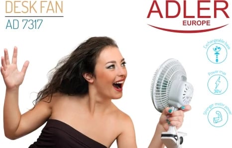 Ventilator tavoline Adler AD 7317 15 cm 2 shpejtësi 30W me bazë dhe kapëse i bardhë