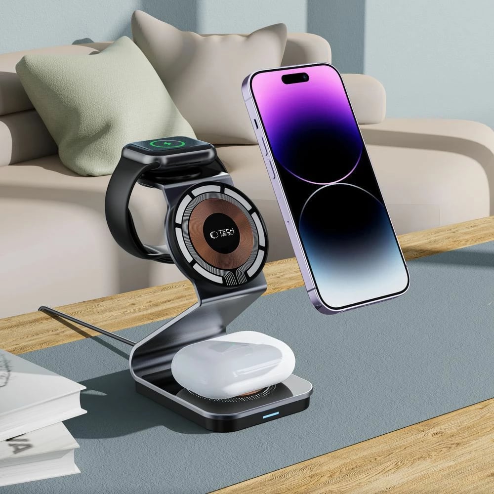 Karikues induktiv 3-në-1 Tech-Protect QI15W-A29 me MagSafe, për smartphone, Apple Watch dhe AirPods, i zi